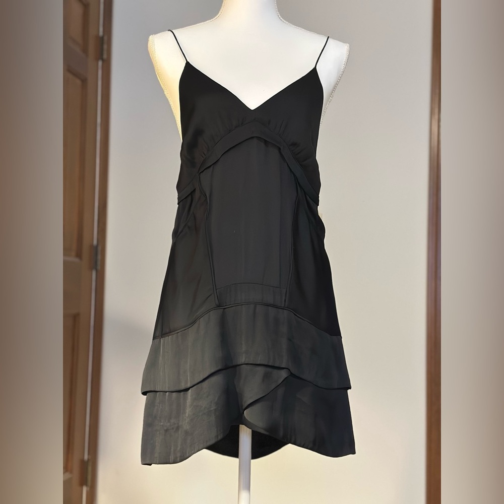 IRO black spaghetti-strap cami/mini-dress, silky sheer panels, delicate pleats